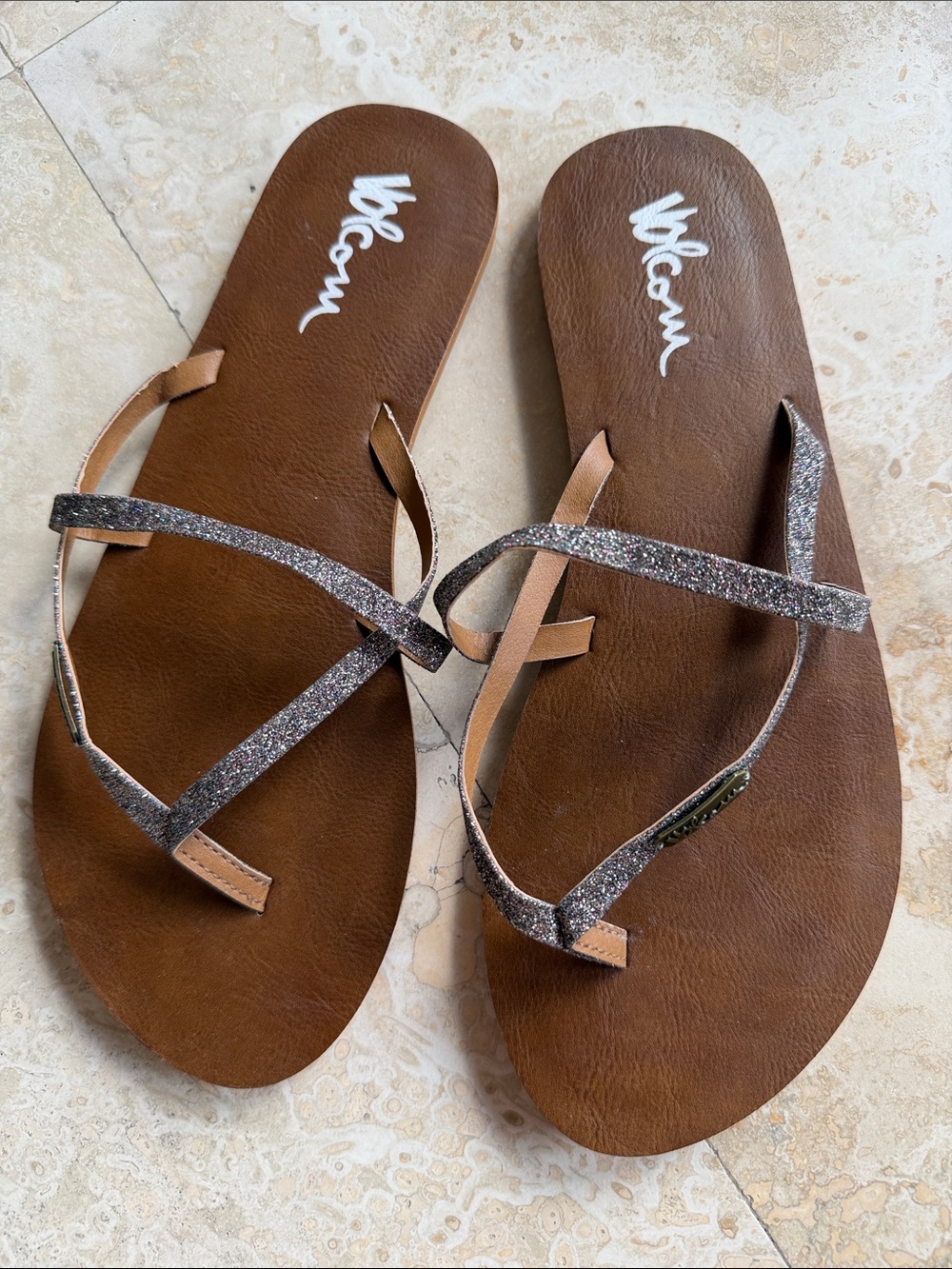 Volcom Brown Sandals with Silver Glitter Straps
